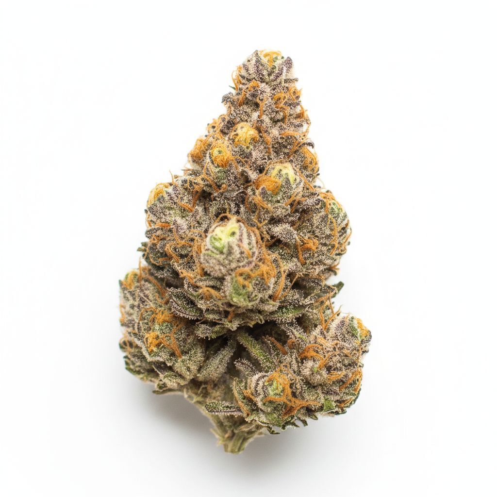 Sherb Cake strain flower with frosty green buds, sweet sherbet aroma, and balanced hybrid effects.