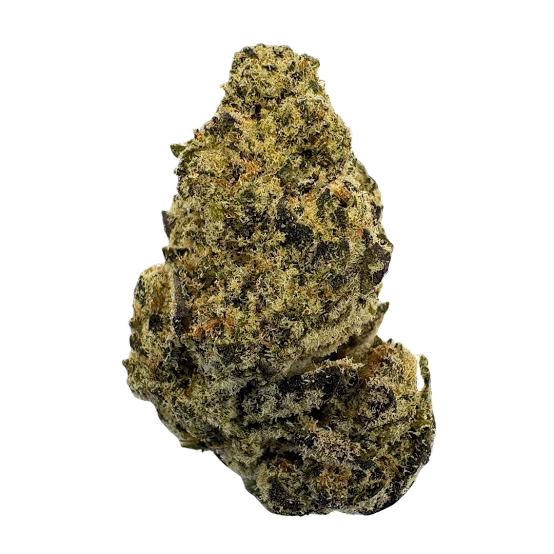Blue Runtz organic cannabis flower with frosty green and purple buds, an indica known for blueberry candy, creamy, and lightly gassy aromas.