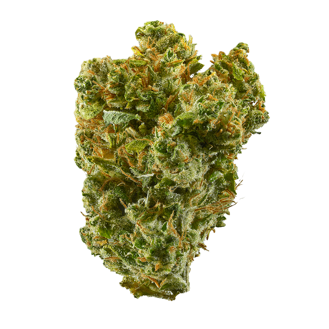 Kaleidoscope cannabis flower with frosty green and purple buds, orange hairs, and visible trichomes, a hybrid known for sweet fruit, berry, floral, and earthy aromas.
